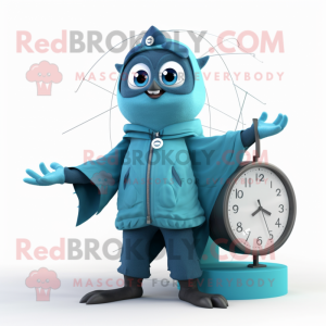 Cyan Trapeze Artist mascot costume character dressed with a Parka and Smartwatches