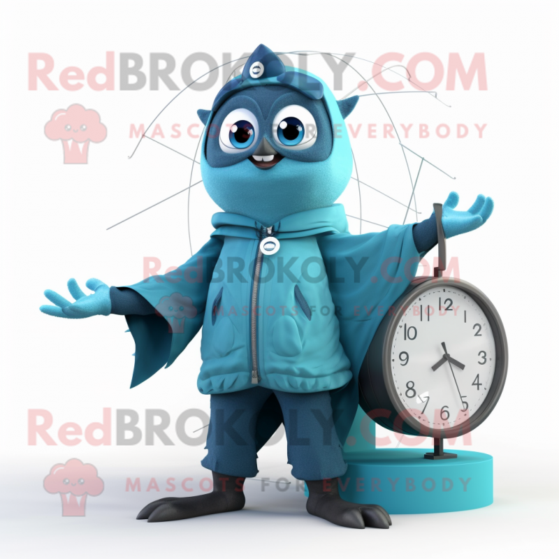 Cyan Trapeze Artist mascot costume character dressed with a Parka and Smartwatches Cyan Trapeze Artist mascot costume character dressed with a Parka and Smartwatches