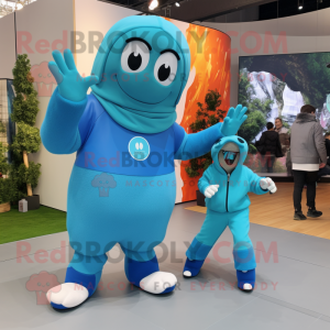 Cyan Trapeze Artist mascot costume character dressed with a Parka and Smartwatches