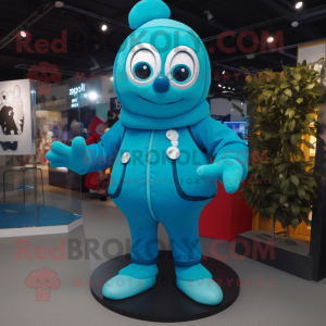 Cyan Trapeze Artist mascot costume character dressed with a Parka and Smartwatches