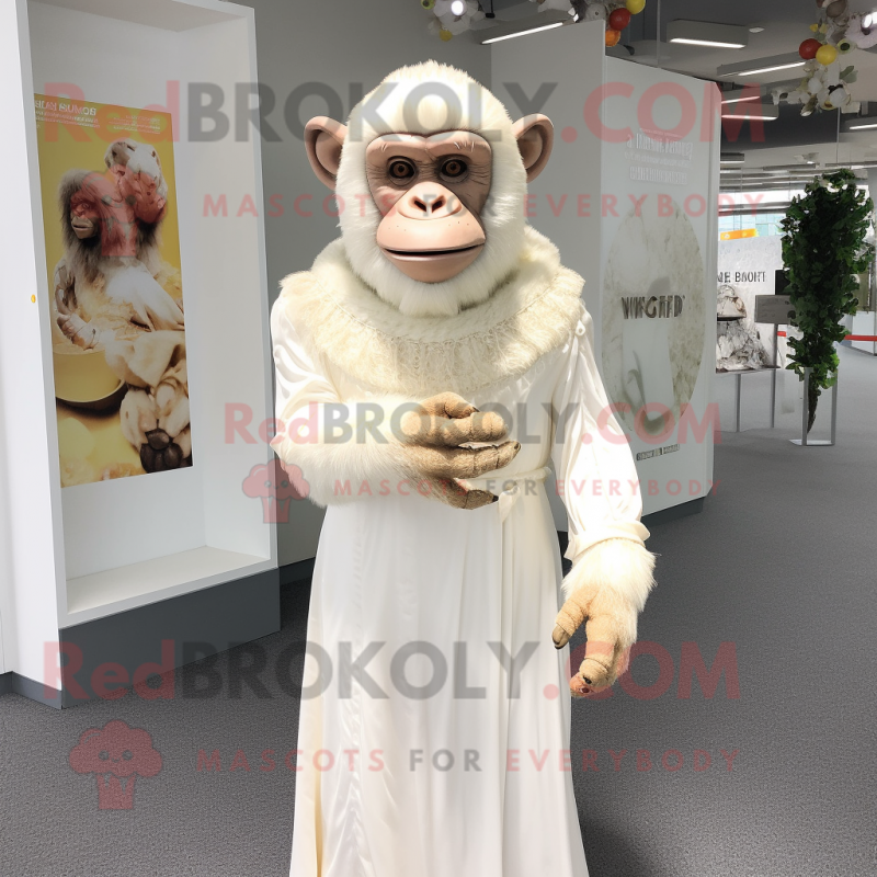 Cream Chimpanzee mascot costume character dressed with a Wedding Dress and Headbands Cream Chimpanzee mascot costume character dressed with a Wedding Dress and Headbands