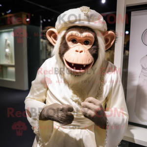 Cream Chimpanzee mascot costume character dressed with a Wedding Dress and Headbands