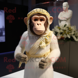 Cream Chimpanzee mascot costume character dressed with a Wedding Dress and Headbands