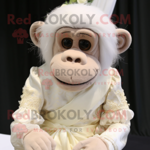 Cream Chimpanzee mascot costume character dressed with a Wedding Dress and Headbands