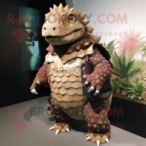 Brown Ankylosaurus mascot costume character dressed with a Bermuda Shorts and Clutch bags