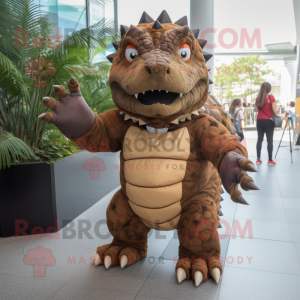 Brown Ankylosaurus mascot costume character dressed with a Bermuda Shorts and Clutch bags