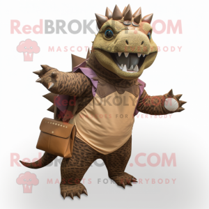 Brown Ankylosaurus mascot costume character dressed with a Bermuda Shorts and Clutch bags