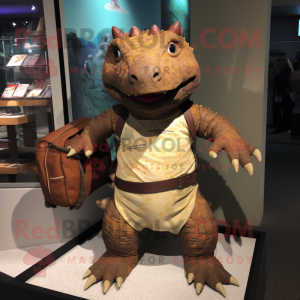 Brown Ankylosaurus mascot costume character dressed with a Bermuda Shorts and Clutch bags