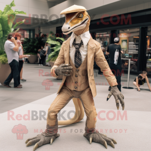 Tan Utahraptor mascot costume character dressed with a Suit and Shoe laces