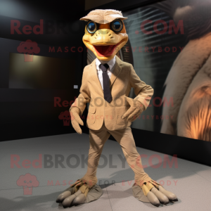 Tan Utahraptor mascot costume character dressed with a Suit and Shoe laces