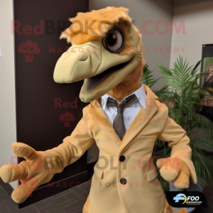 Tan Utahraptor mascot costume character dressed with a Suit and Shoe laces
