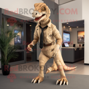 Tan Utahraptor mascot costume character dressed with a Suit and Shoe laces