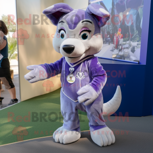 Lavender Dingo mascot costume character dressed with a Romper and Keychains