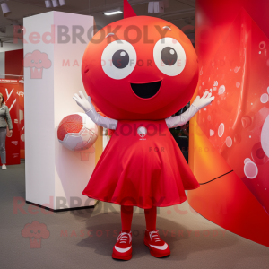 Red Soccer Ball mascot costume character dressed with a A-Line Dress and Earrings