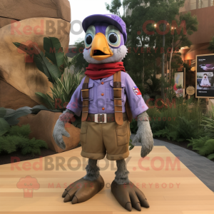 Lavender Woodpecker mascot costume character dressed with a Cargo Shorts and Rings