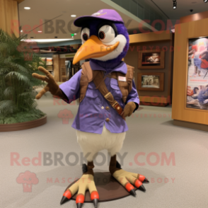 Lavender Woodpecker mascot costume character dressed with a Cargo Shorts and Rings