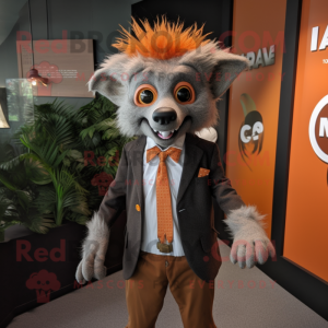 Orange Aye-Aye mascot costume character dressed with a Suit Jacket and Shoe laces