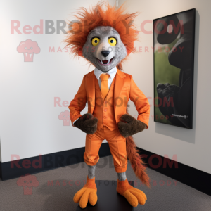 Orange Aye-Aye mascot costume character dressed with a Suit Jacket and Shoe laces