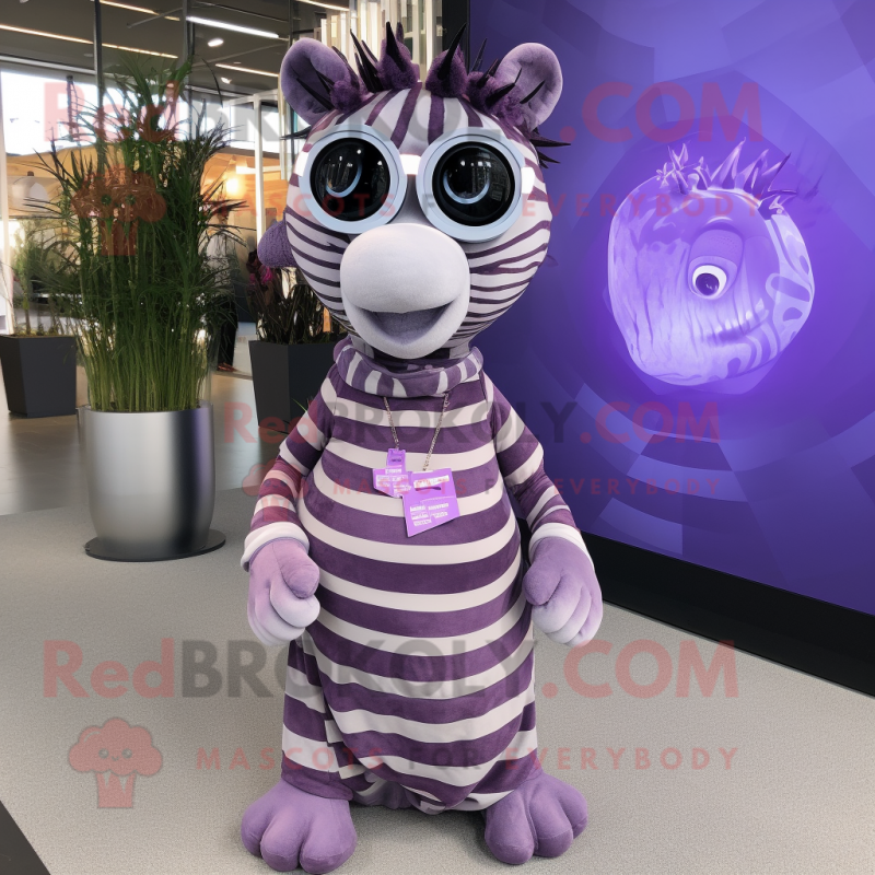 Purple Zebra mascot costume character dressed with a Maxi Dress and Eyeglasses