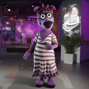 Purple Zebra mascot costume character dressed with a Maxi Dress and Eyeglasses