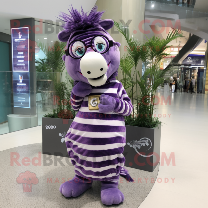 Purple Zebra mascot costume character dressed with a Maxi Dress and Eyeglasses