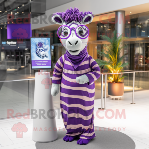 Purple Zebra mascot costume character dressed with a Maxi Dress and Eyeglasses