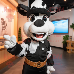 Black Holstein Cow mascot costume character dressed with a Overalls and Mittens