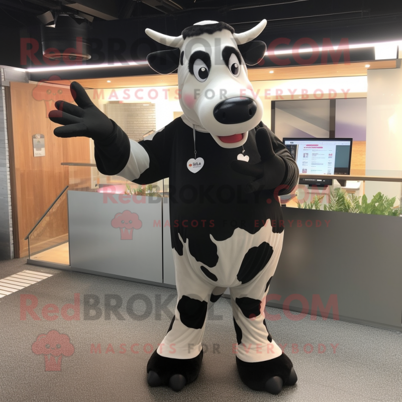 Black Holstein Cow mascot costume character dressed with a Overalls and Mittens Black Holstein Cow mascot costume character dressed with a Overalls and Mittens