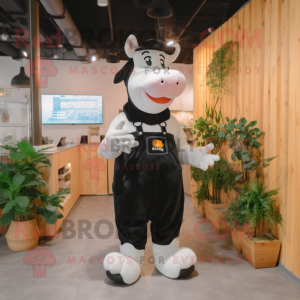 Black Holstein Cow mascot costume character dressed with a Overalls and Mittens