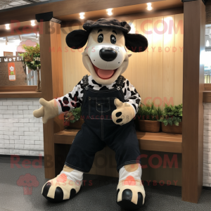 Black Holstein Cow mascot costume character dressed with a Overalls and Mittens