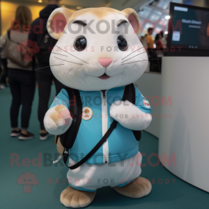 Cream Hamster mascot costume character dressed with a Henley Tee and Smartwatches