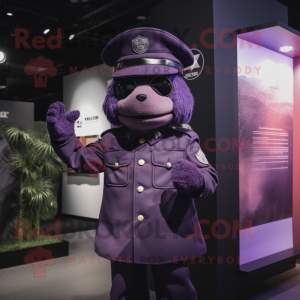 Purple Police Officer mascot costume character dressed with a Parka and Berets