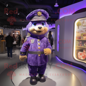 Purple Police Officer mascot costume character dressed with a Parka and Berets