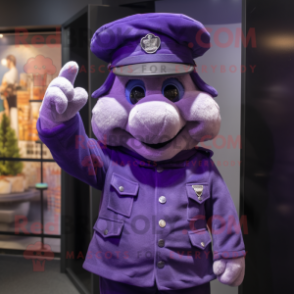 Purple Police Officer mascot costume character dressed with a Parka and Berets