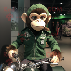 Forest Green Monkey mascot costume character dressed with a Moto Jacket and Hairpins