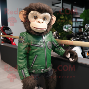Forest Green Monkey mascot costume character dressed with a Moto Jacket and Hairpins