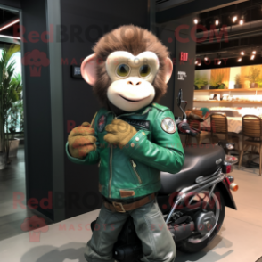 Forest Green Monkey mascot costume character dressed with a Moto Jacket and Hairpins