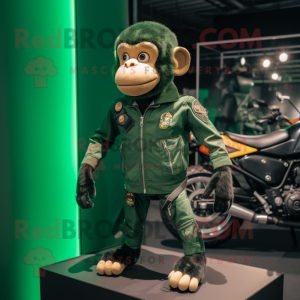 Forest Green Monkey mascot costume character dressed with a Moto Jacket and Hairpins