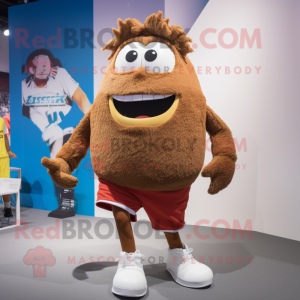 Brown Cod mascot costume character dressed with a Running Shorts and Hairpins