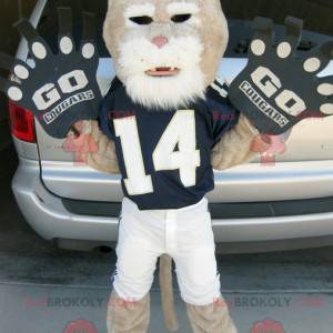 Mascote tigre bege e branco em roupas esportivas -