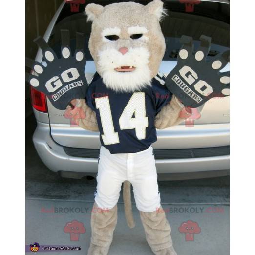 beige en witte tijger mascotte in sportkleding - Redbrokoly.com