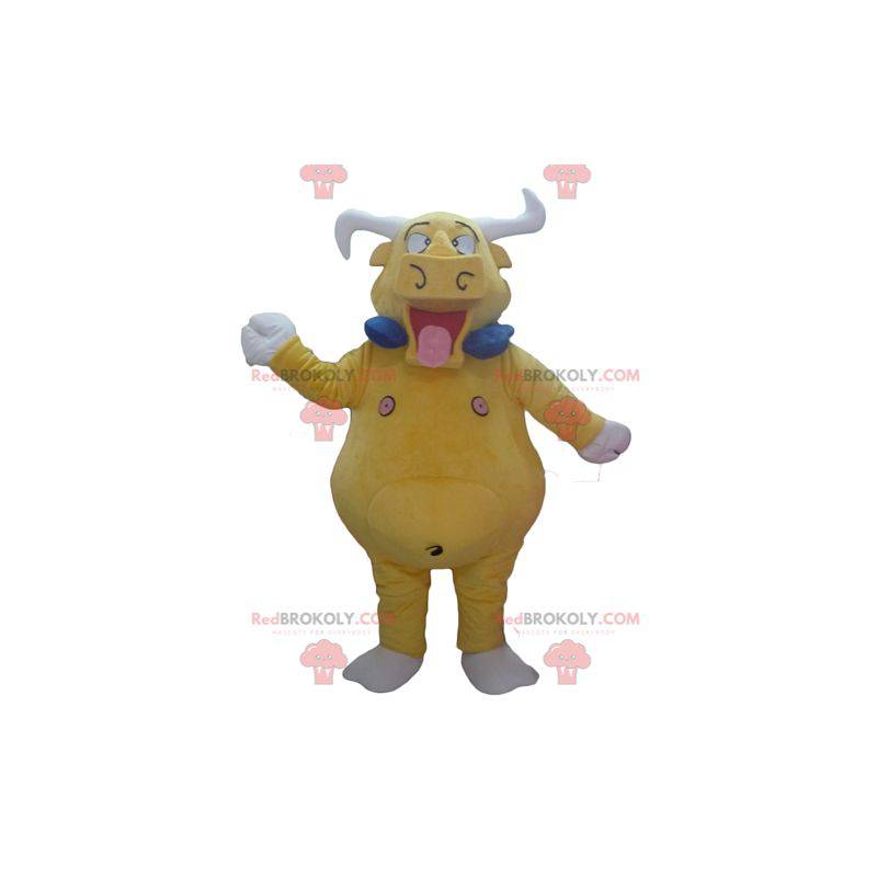 Mascota de toro búfalo amarillo gigante y divertido -