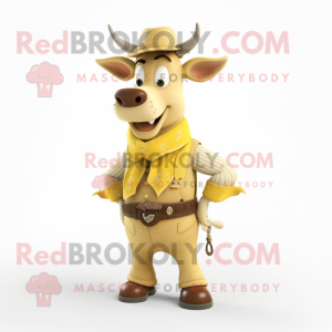 Yellow Zebu mascot costume character dressed with a Waistcoat and Belts