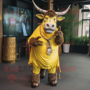 Yellow Zebu mascot costume character dressed with a Waistcoat and Belts