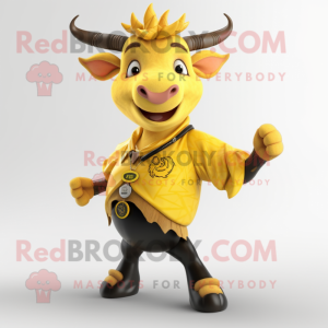 Yellow Zebu mascot costume character dressed with a Waistcoat and Belts