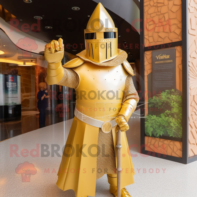 Gold Medieval Knight mascot costume character dressed with a Maxi Dress and Hat pins Gold Medieval Knight mascot costume character dressed with a Maxi Dress and Hat pins