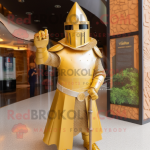 Gold Medieval Knight mascot costume character dressed with a Maxi Dress and Hat pins