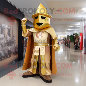 Gold Medieval Knight mascot costume character dressed with a Maxi Dress and Hat pins