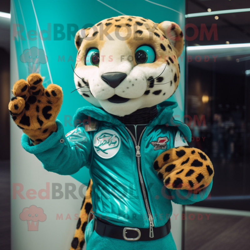 Turquoise Cheetah mascot costume character dressed with a Moto Jacket and Foot pads