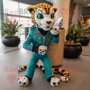 Turquoise Cheetah mascot costume character dressed with a Moto Jacket and Foot pads